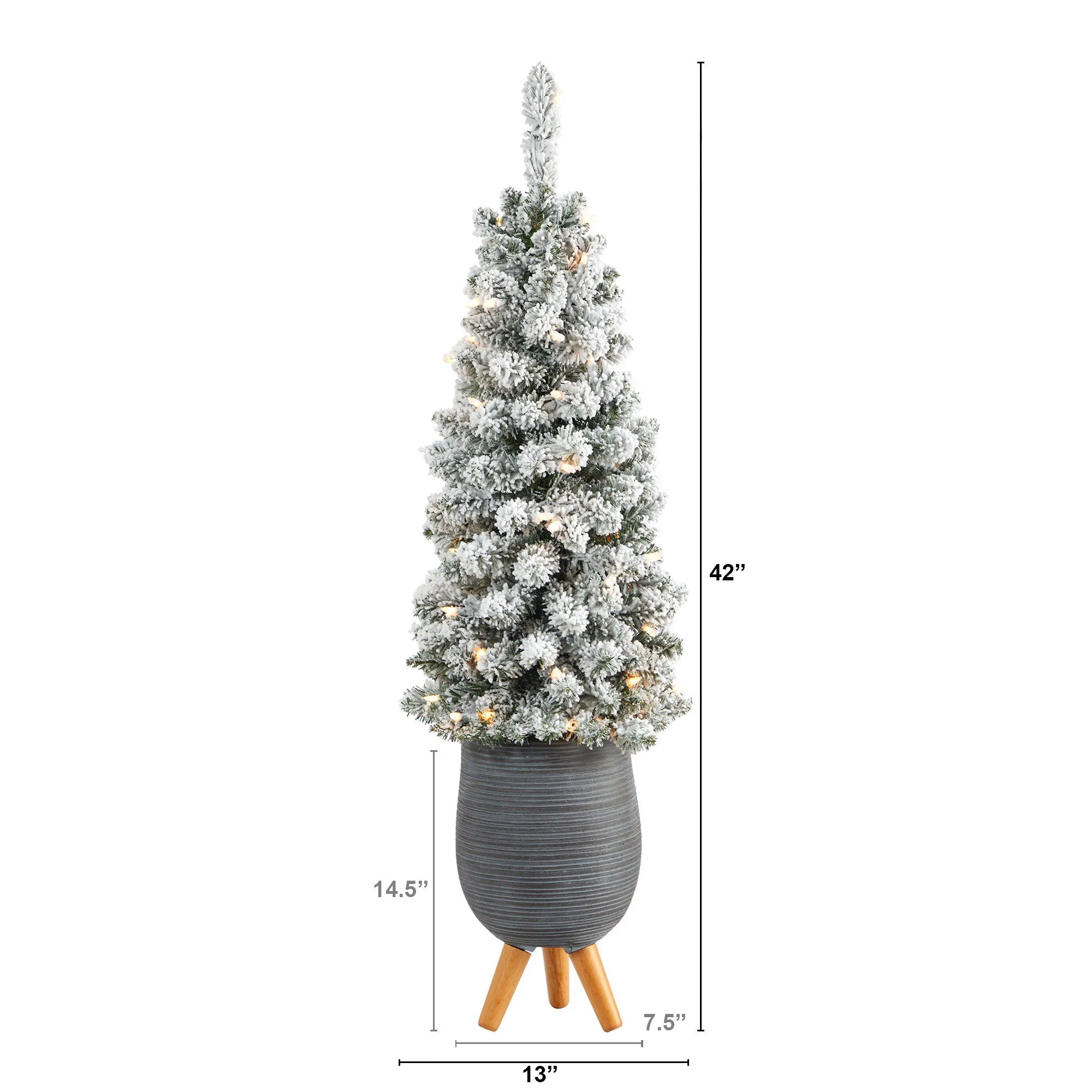 3.5’ Flocked Pencil Artificial Christmas Tree with 50 Clear Lights and 132 Bendable Branches in Gray Planter with Stand