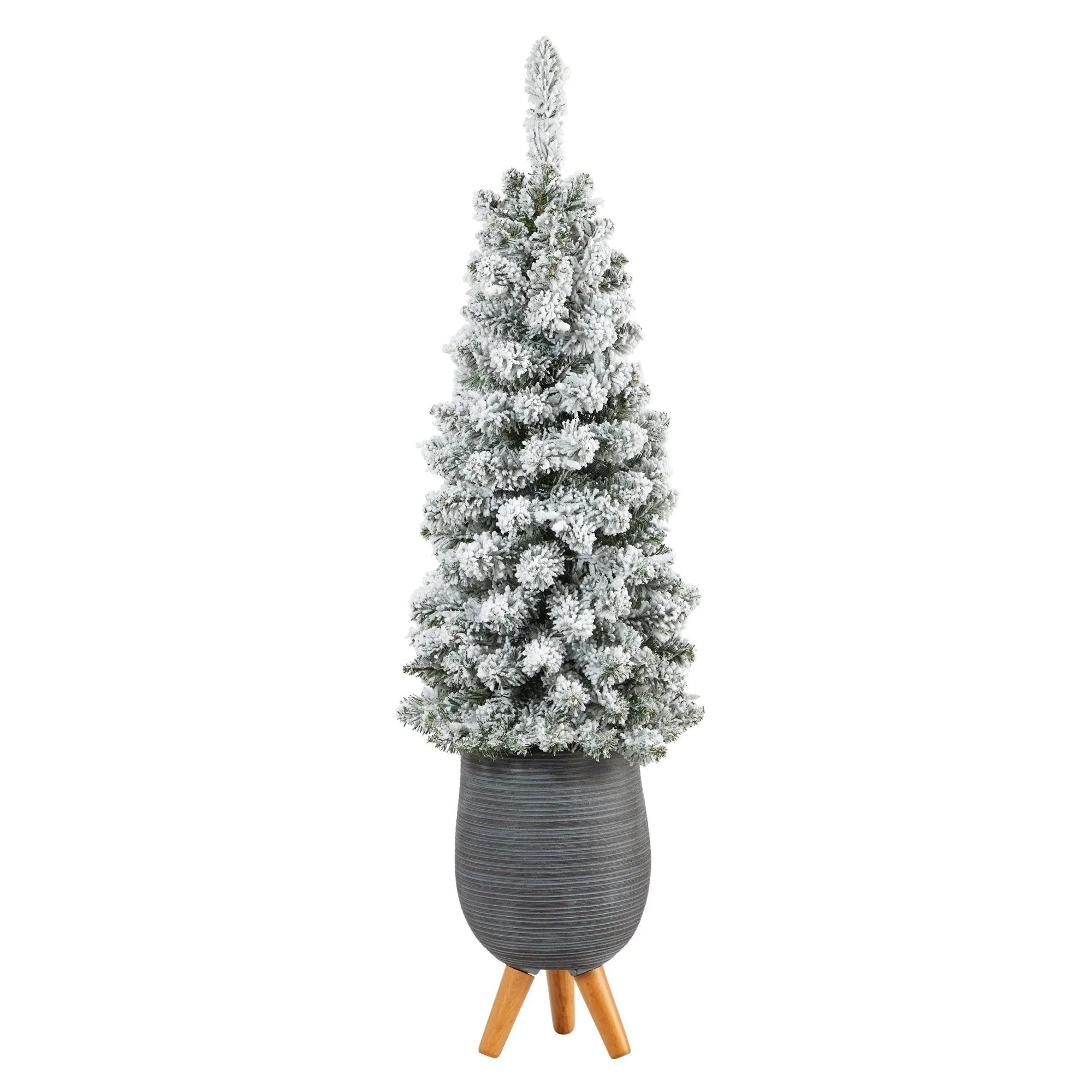 3.5’ Flocked Pencil Artificial Christmas Tree with 50 Clear Lights and 132 Bendable Branches in Gray Planter with Stand