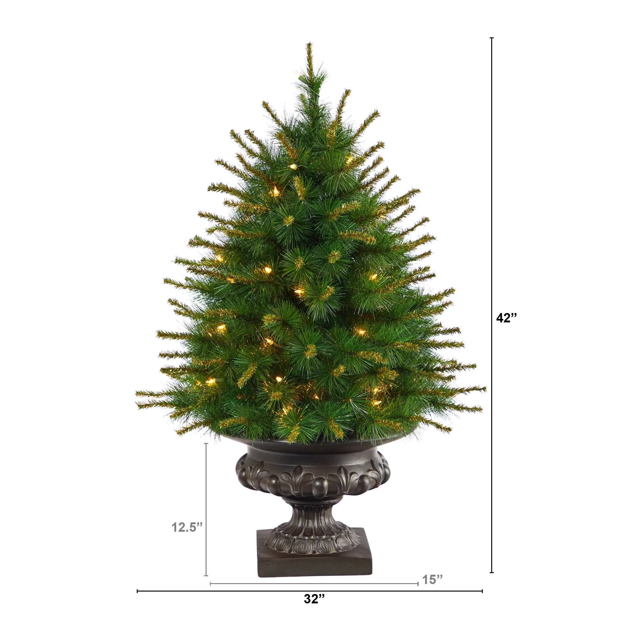 3.5’ New England Pine Artificial Christmas Tree with 50 Clear Lights and 117 Bendable Branches in Iron Colored Urn