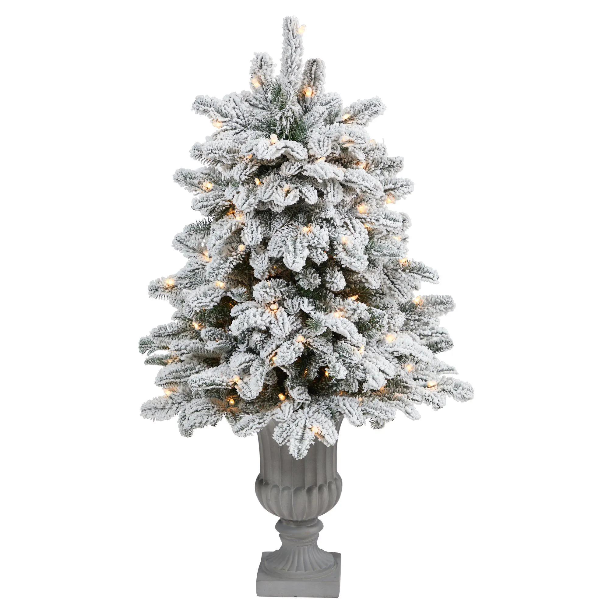 46” Flocked North Carolina Fir Artificial Christmas Tree with 150 Warm White Lights and 545 Bendable Branches in Decorative Urn