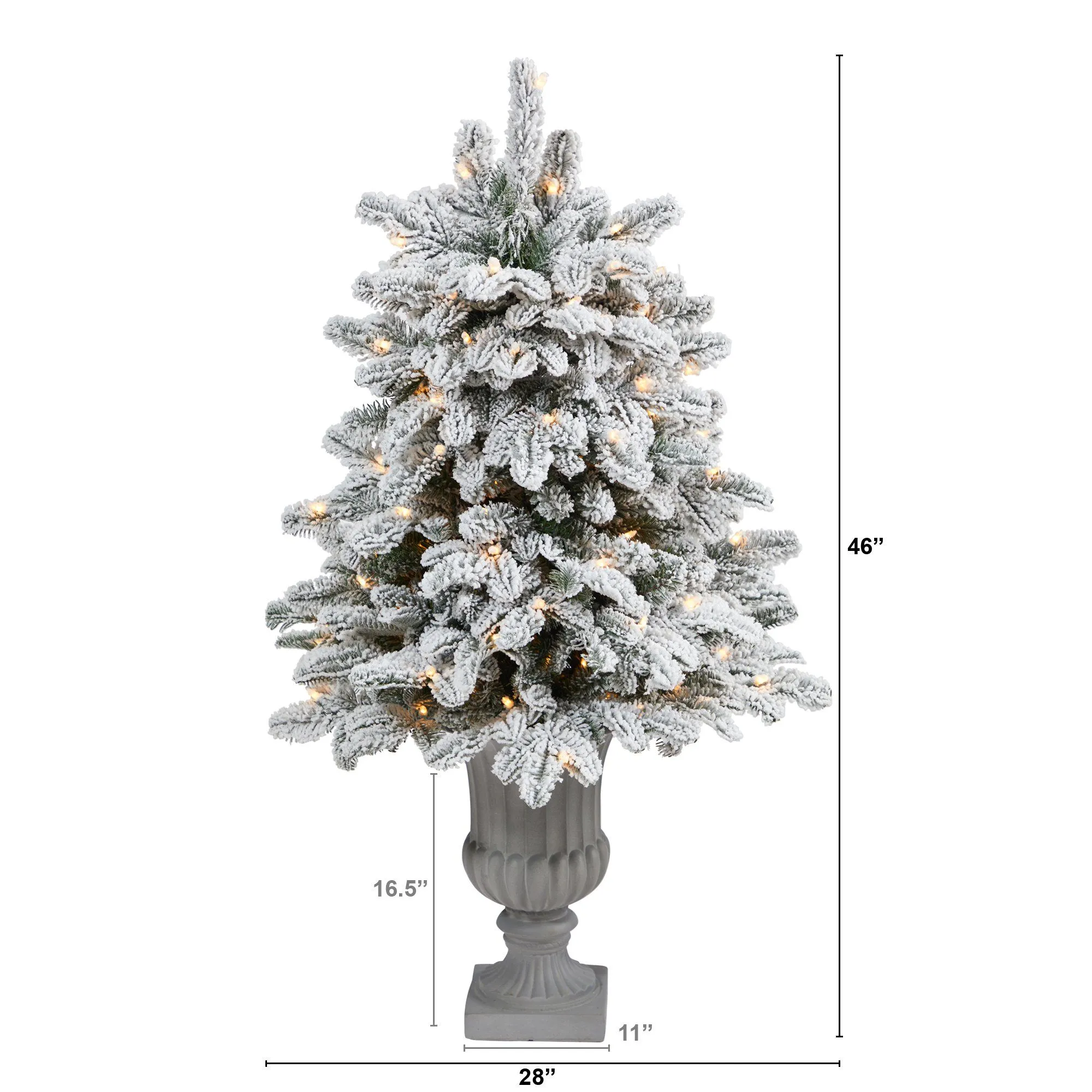 46” Flocked North Carolina Fir Artificial Christmas Tree with 150 Warm White Lights and 545 Bendable Branches in Decorative Urn