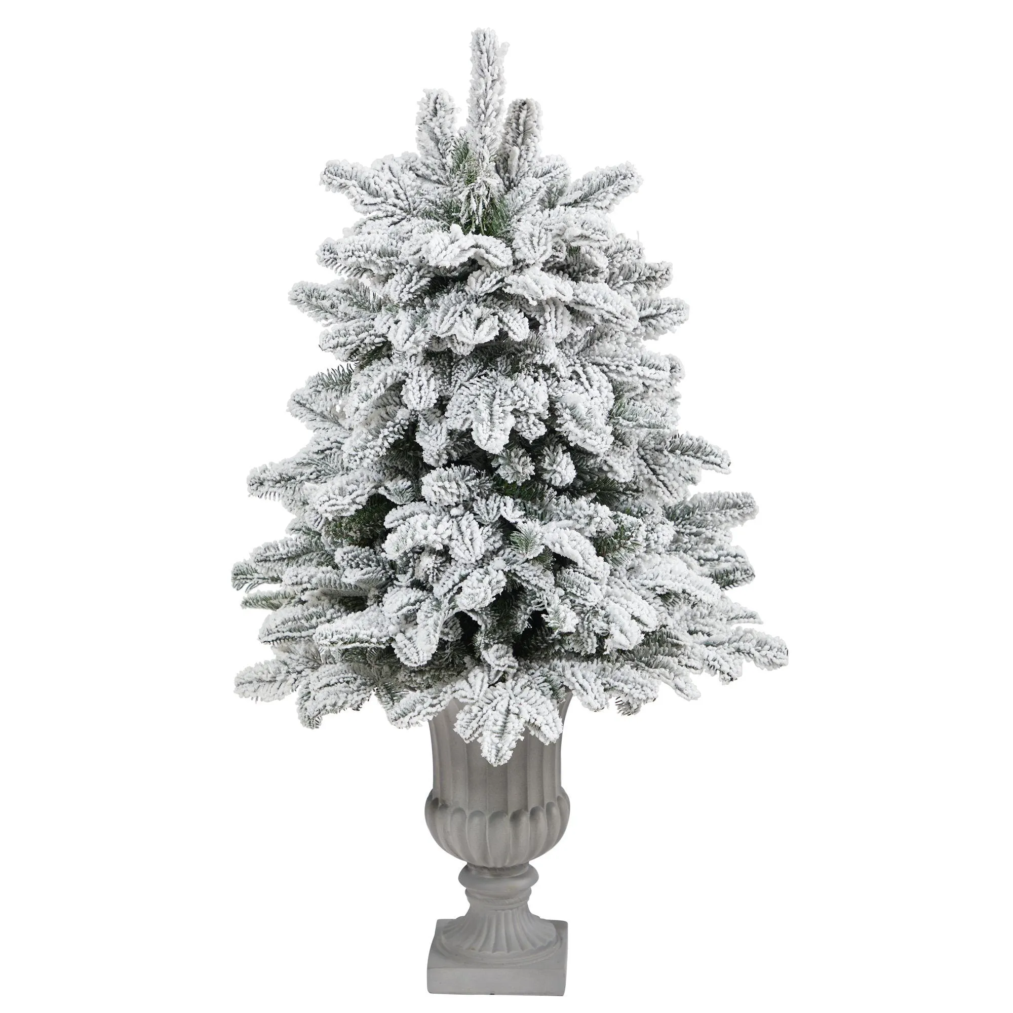 46” Flocked North Carolina Fir Artificial Christmas Tree with 150 Warm White Lights and 545 Bendable Branches in Decorative Urn