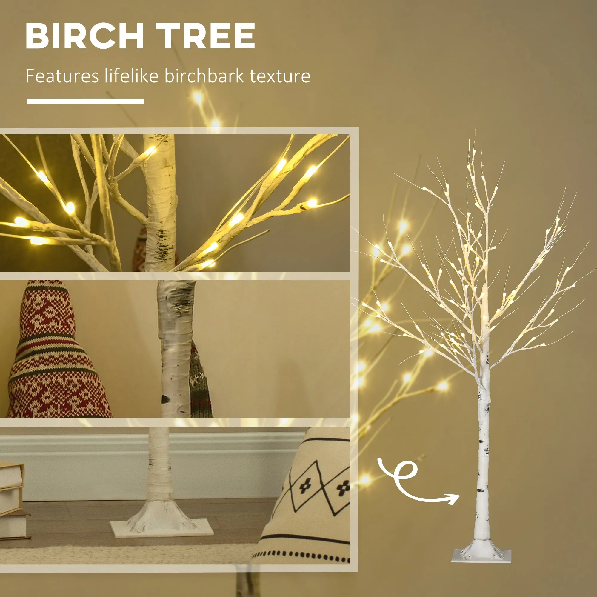 4ft Artificial White Birch Tree Light w/ 72 Warm White Pre-Lit LED Light