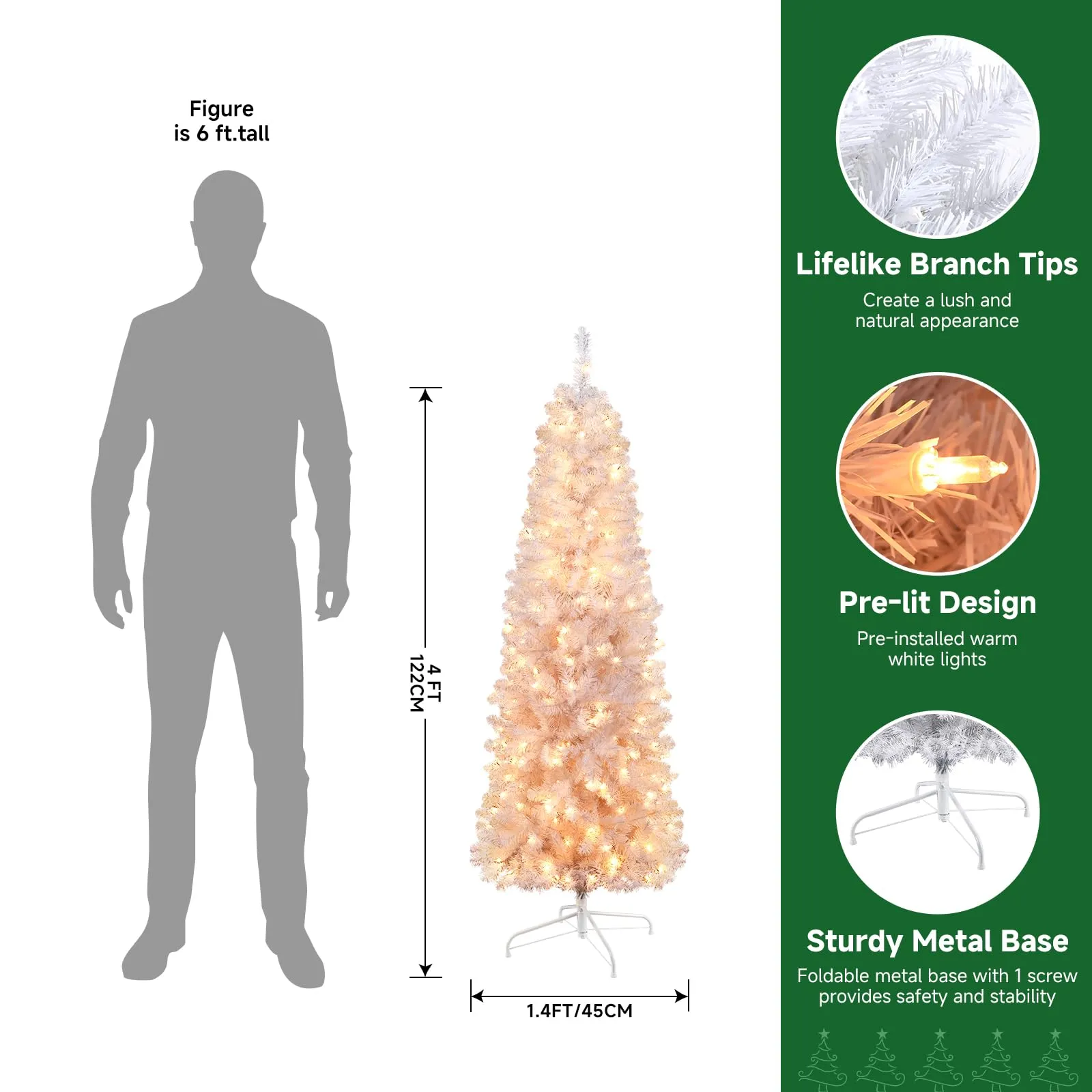 4ft Prelit Warm White Lights Artificial Hinged Slim Pencil Christmas Tree