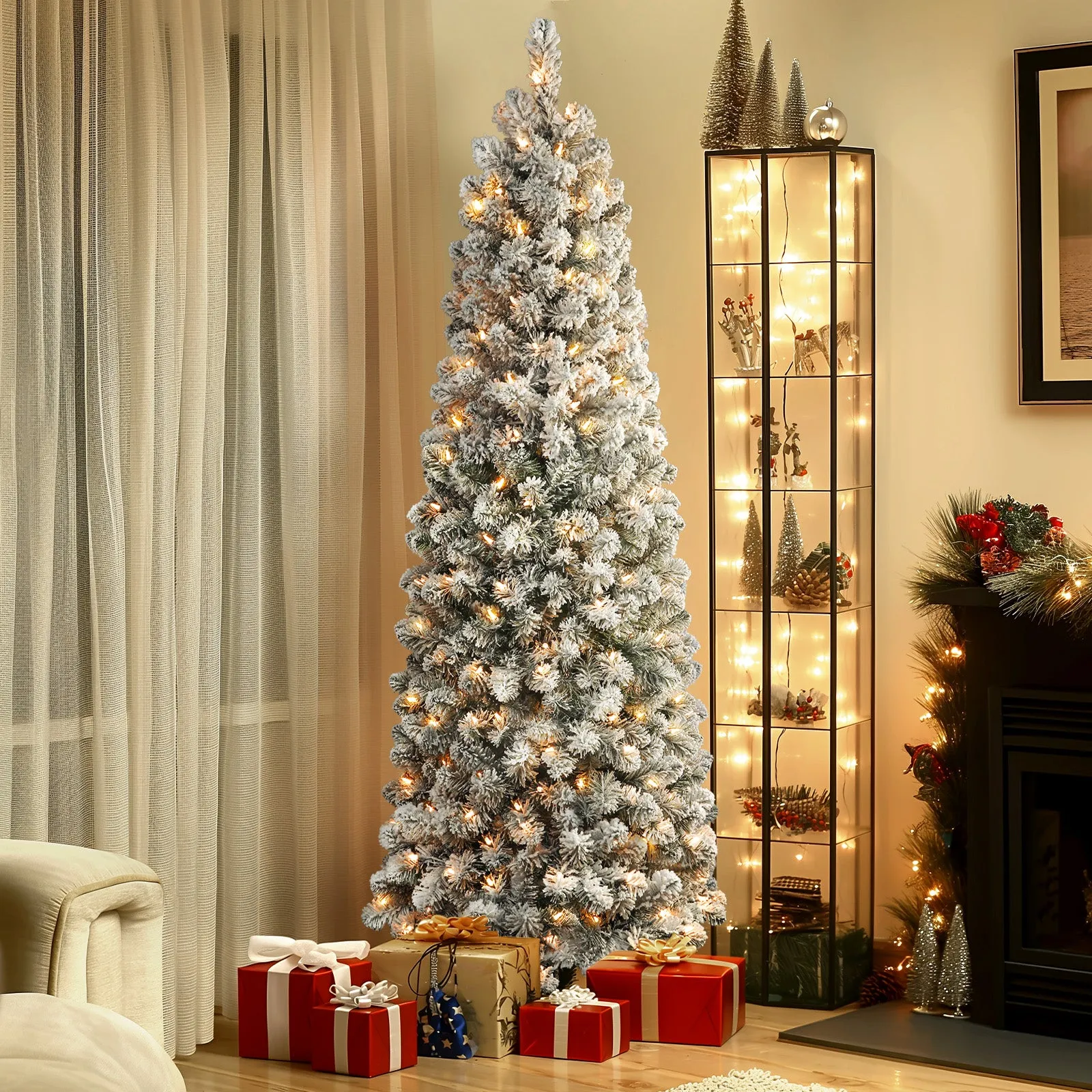 4ft Prelit Warm White Lights Snow Flocked Artificial Hinged Slim Pencil Christmas Tree