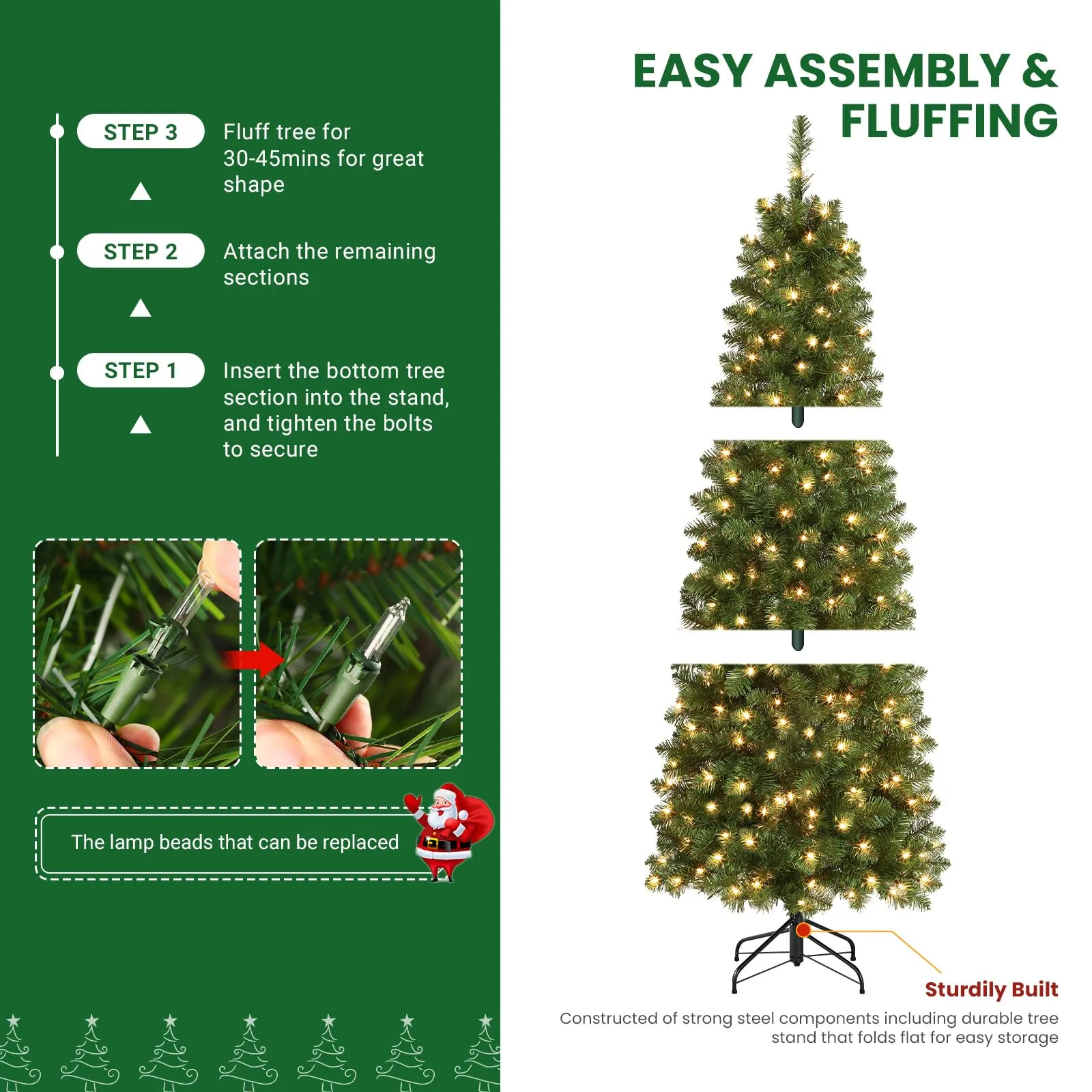 5ft Warm White Light Artificial Hinged Slim Pencil Prelit Christmas Tree