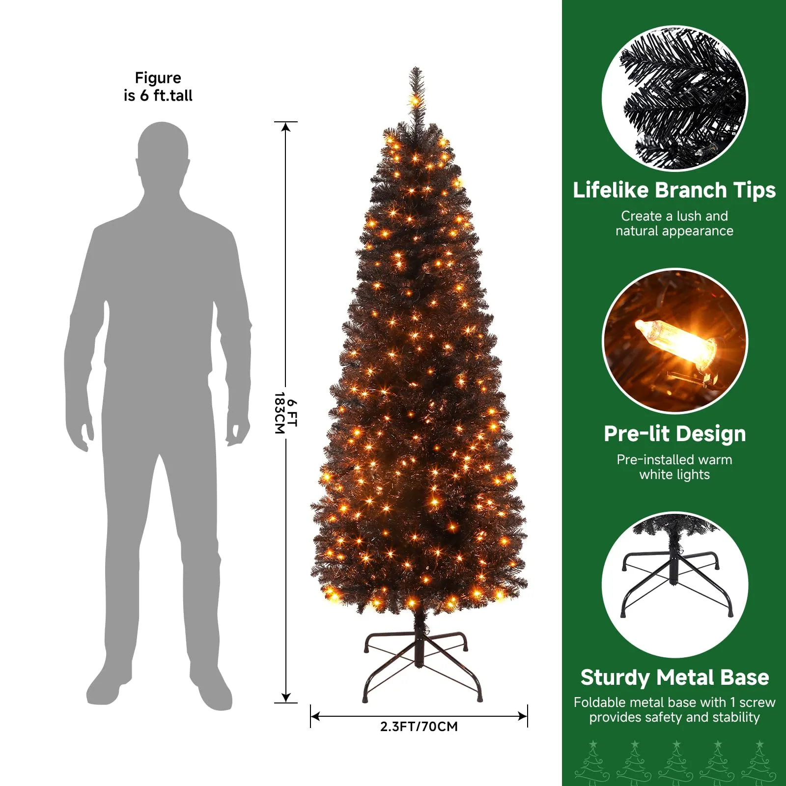 6ft Prelit Warm White Lights Artificial Hinged Slim Pencil Christmas Tree