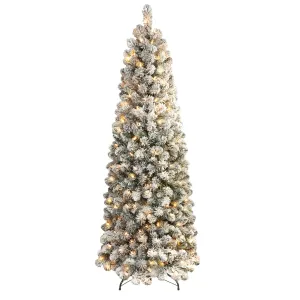 6ft Prelit Warm White Lights Snow Flocked Artificial Hinged Slim Pencil Christmas Tree