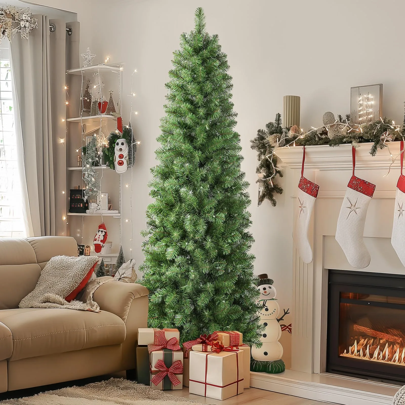 6ft Warm White Light Artificial Hinged Slim Pencil Prelit Christmas Tree