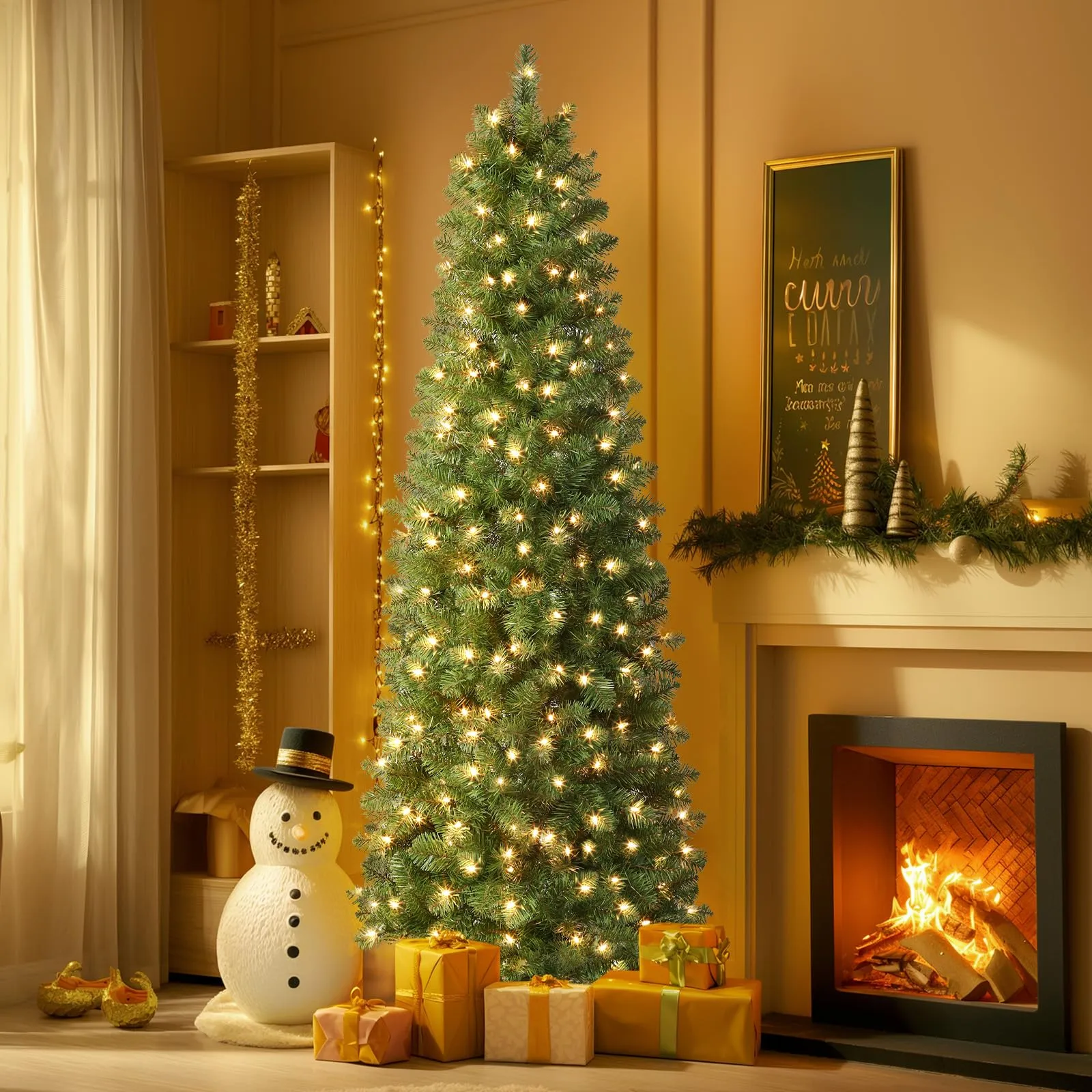 6ft Warm White Light Artificial Hinged Slim Pencil Prelit Christmas Tree