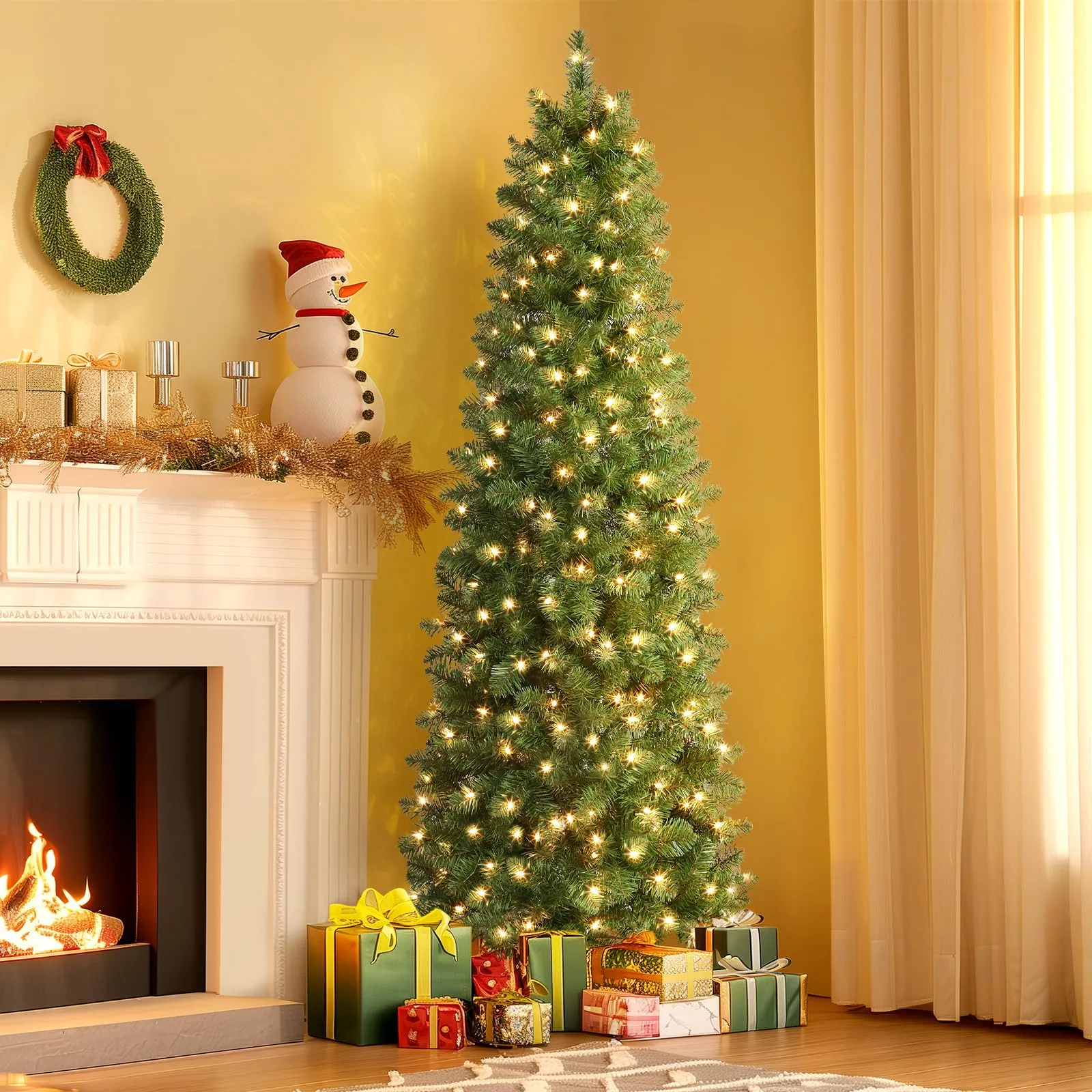 6ft Warm White Light Artificial Hinged Slim Pencil Prelit Christmas Tree