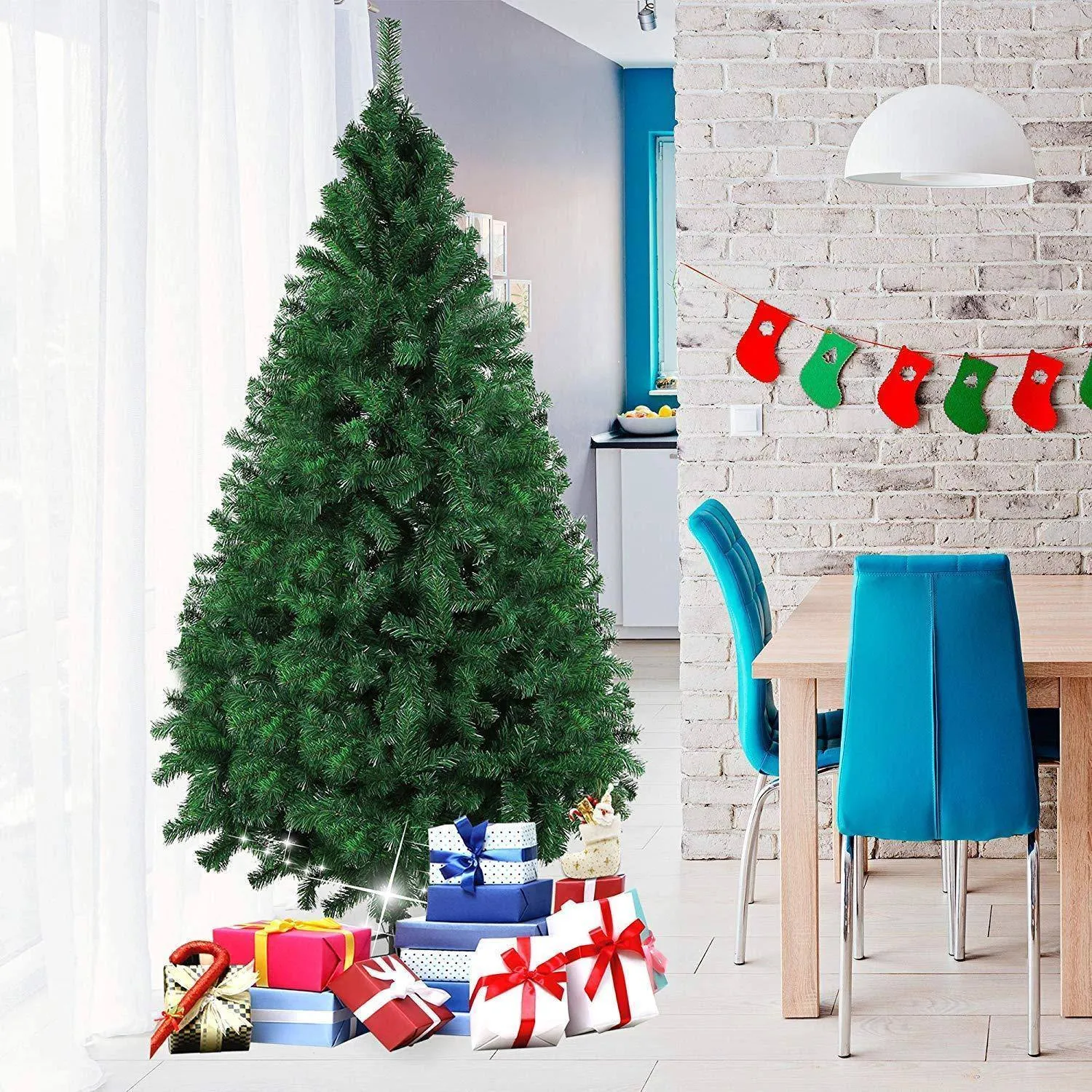 7' Green Christmas tree with metal stand