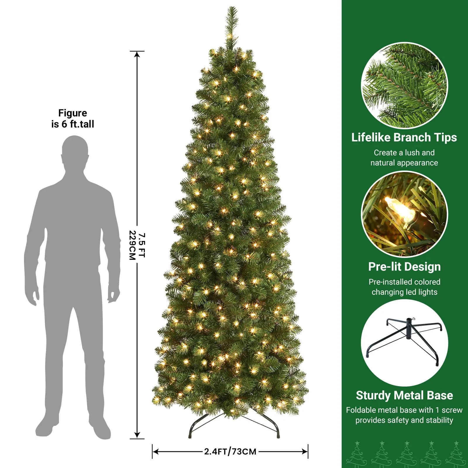 7.5ft Prelit Warm White Lights Artificial Hinged Slim Pencil Christmas Tree