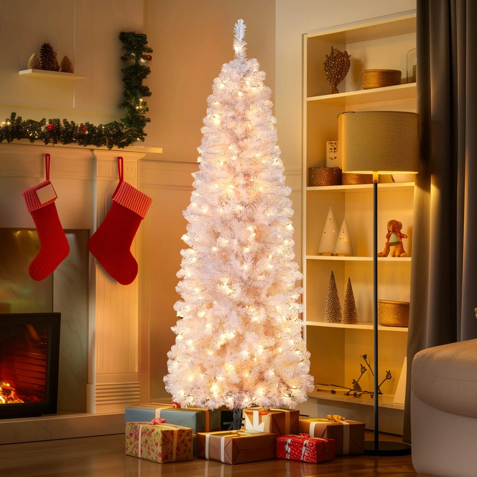 7.5ft Prelit Warm White Lights Artificial Hinged Slim Pencil Christmas Tree