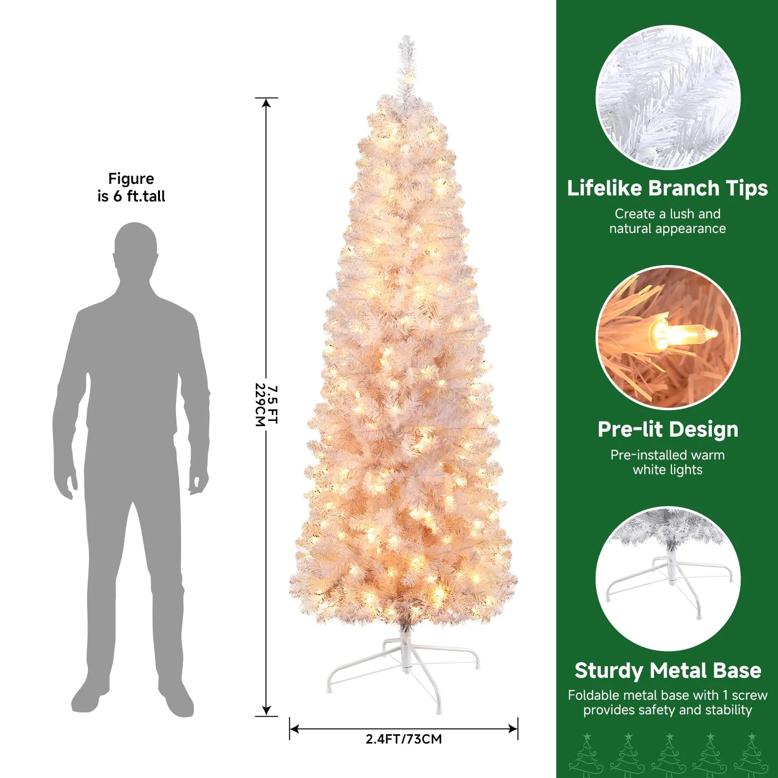 7.5ft Prelit Warm White Lights Artificial Hinged Slim Pencil Christmas Tree