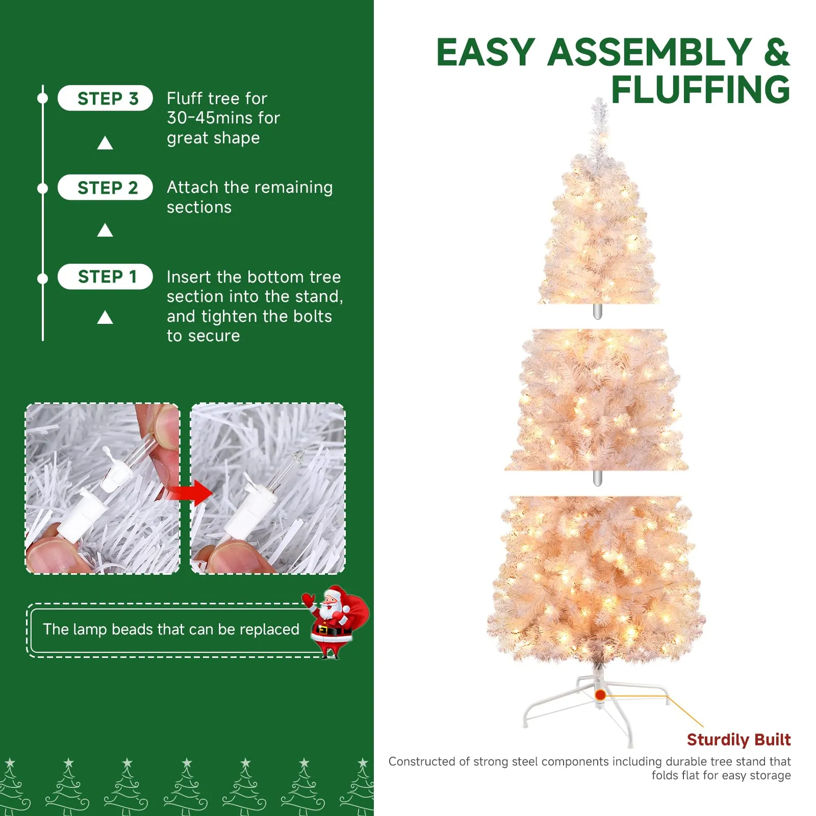 7.5ft Prelit Warm White Lights Artificial Hinged Slim Pencil Christmas Tree