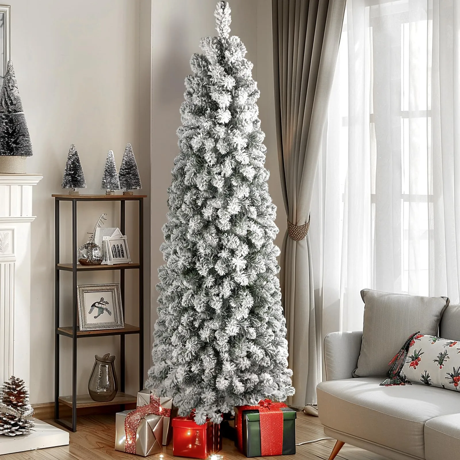 7.5ft Prelit Warm White Lights Snow Flocked Artificial Hinged Slim Pencil Christmas Tree