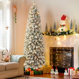 7.5ft Prelit Warm White Lights Snow Flocked Artificial Hinged Slim Pencil Christmas Tree