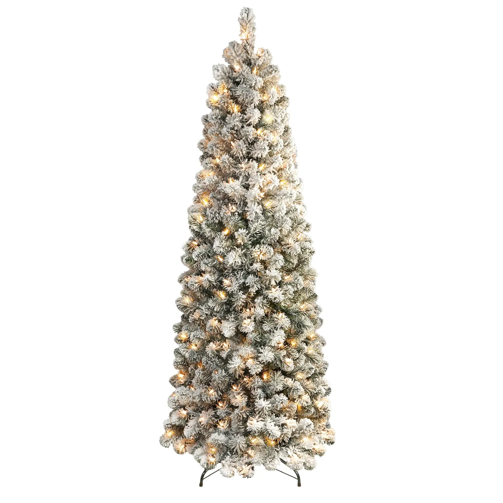 7.5ft Prelit Warm White Lights Snow Flocked Artificial Hinged Slim Pencil Christmas Tree