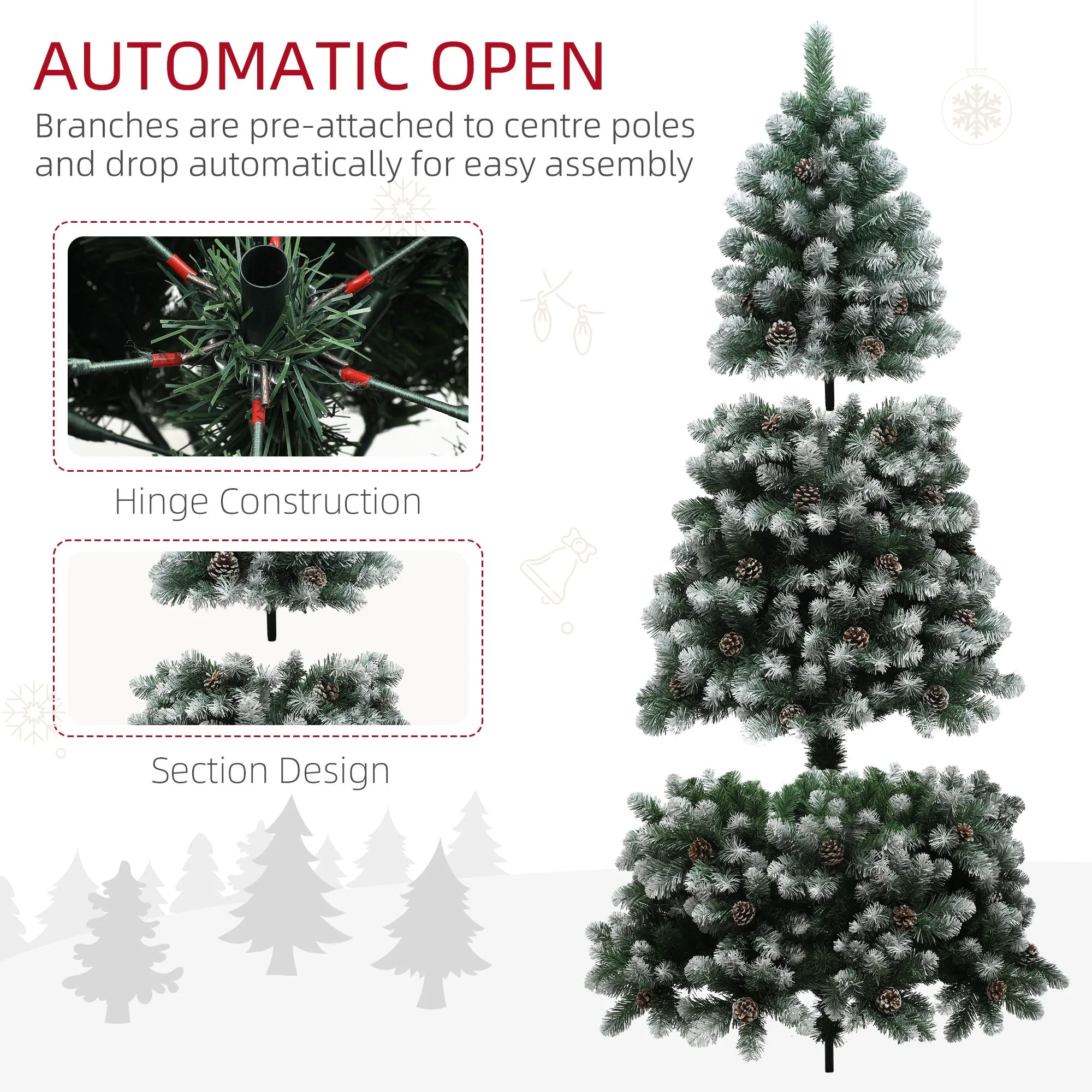 7ft Artificial Pine Christmas Tree with Pinecones, Steel Base