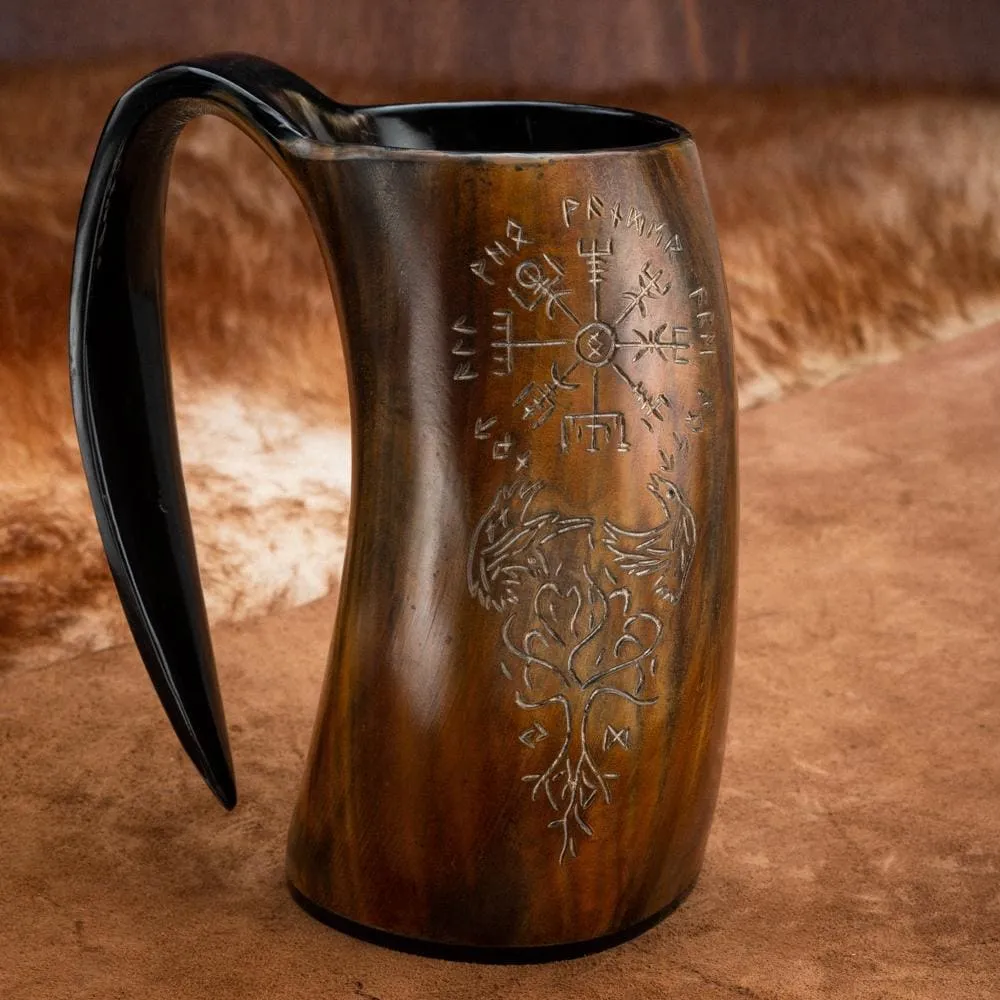 Burnt Horn Mug With Vegvisir, Raven And Tree of Life Engravings