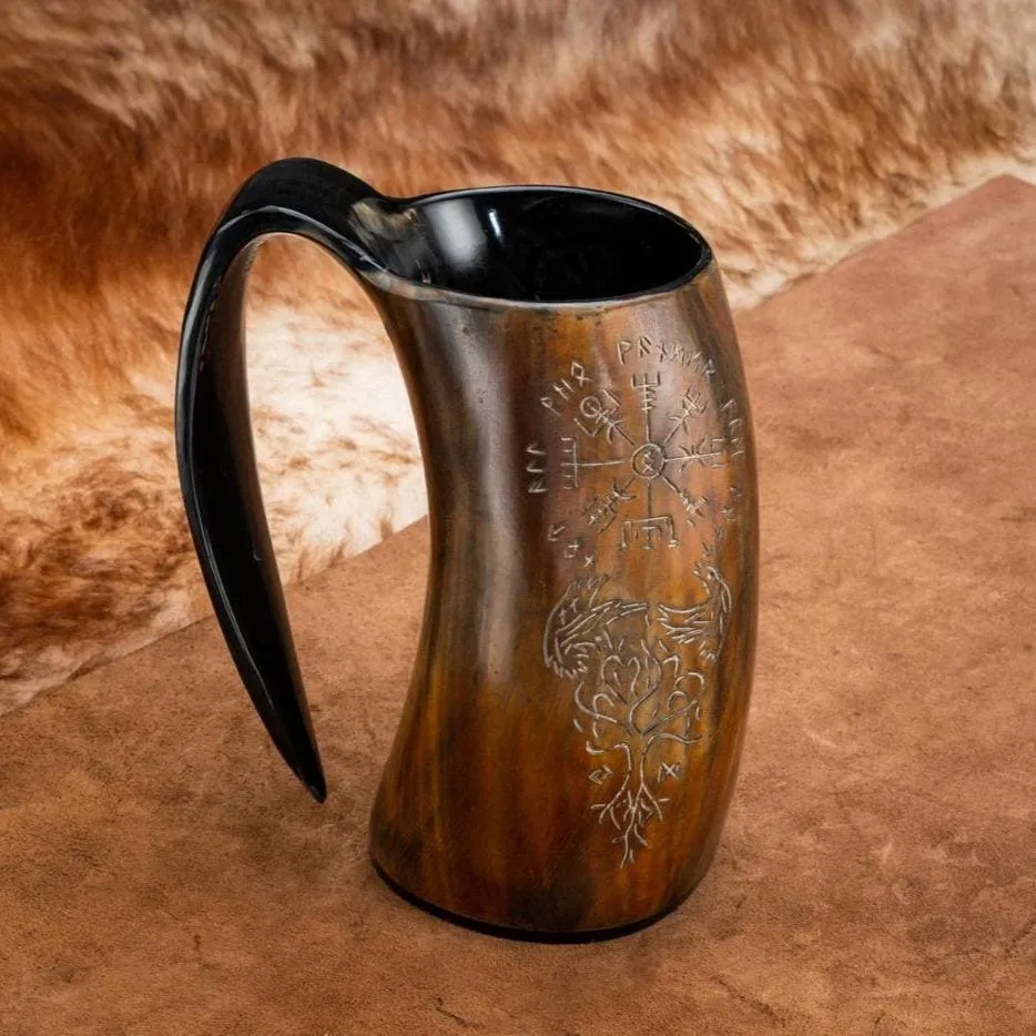 Burnt Horn Mug With Vegvisir, Raven And Tree of Life Engravings