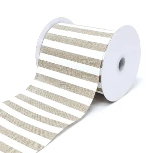 Christmas White Horizontal Stripes Linen Ribbon, 4-Inch, 10-Yard, Light Natural