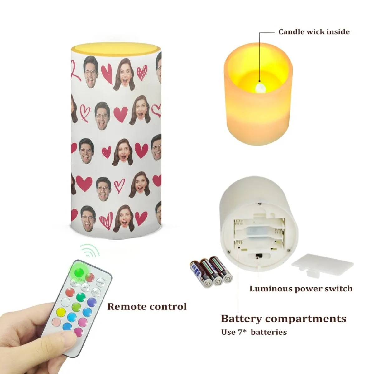 Custom Face Love Heart Single 6 Inch Remote Control Candle