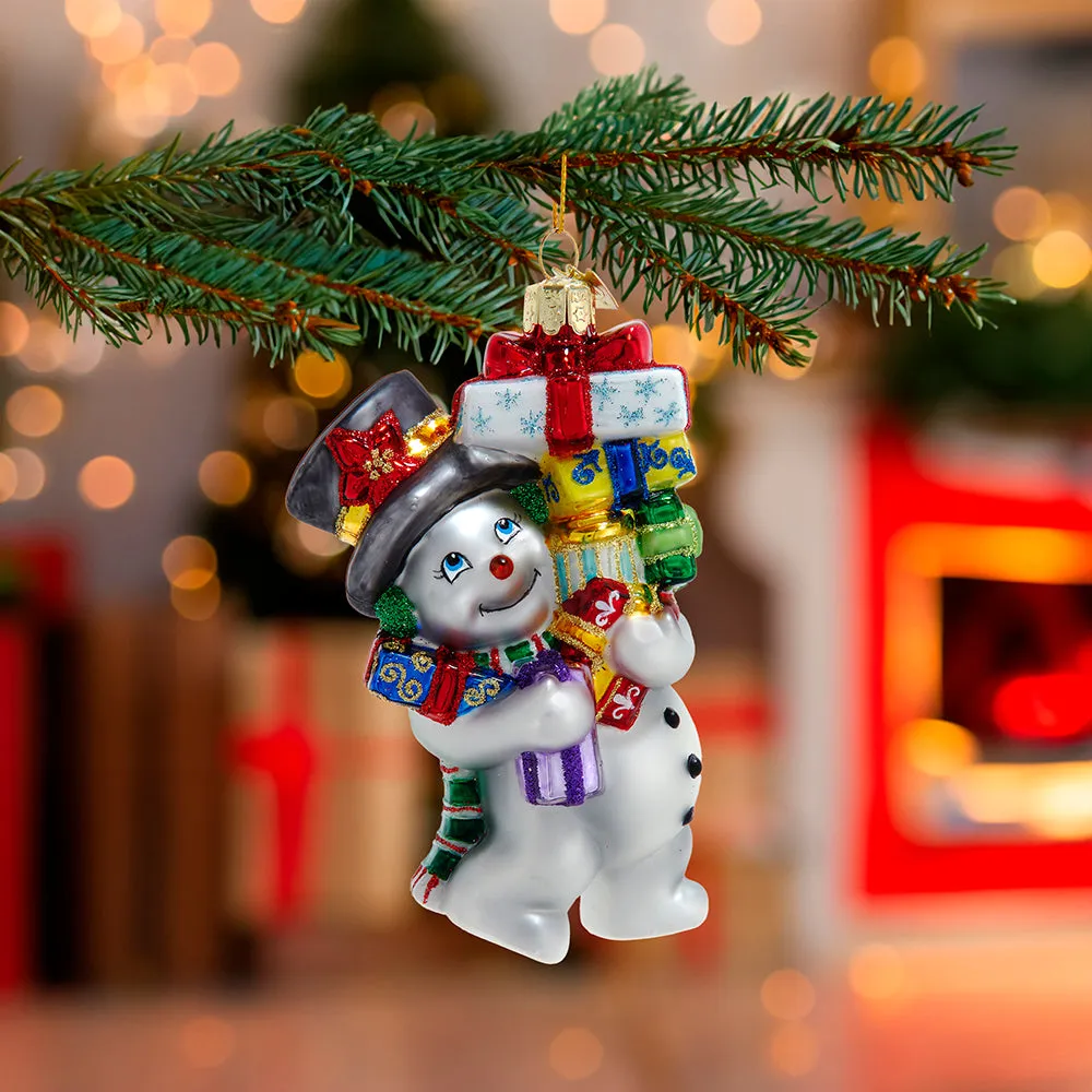 Glass Snowman Carrying Gifts Ornament