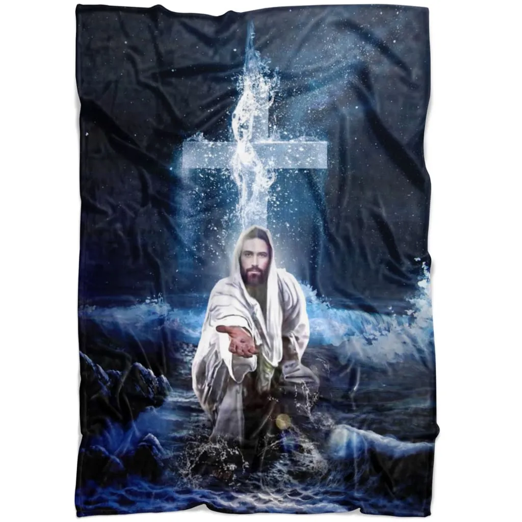 Jesus Outstretched Hands Saves 2 Fleece Blanket - Christian Blanket - Bible Verse Blanket