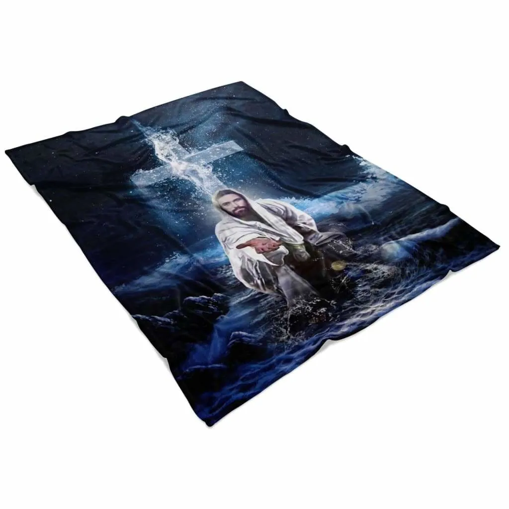 Jesus Outstretched Hands Saves 2 Fleece Blanket - Christian Blanket - Bible Verse Blanket