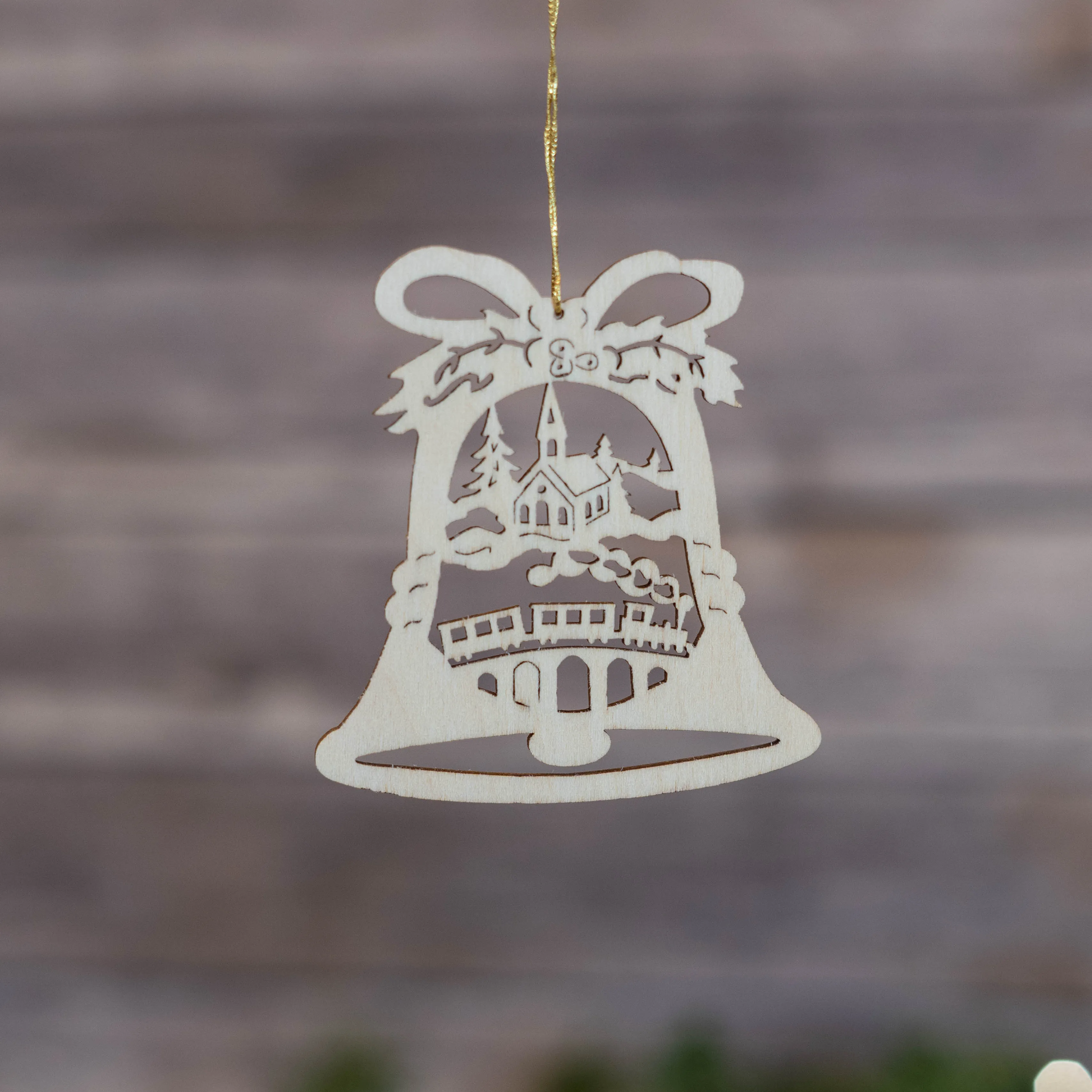 Laser Cut Bell Ornament with Church and Train