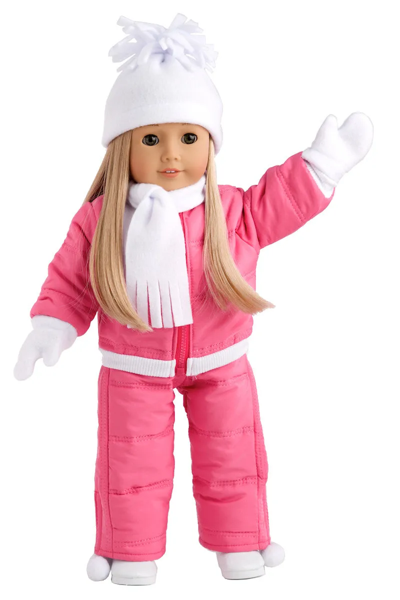 Let It Snow - Clothes for 18 inch Doll - 7 Piece Complete Snowsuit - Pink Snow Pants and Jacket, White Turtle Neck, Hat, Scarf, Mittens and Boots