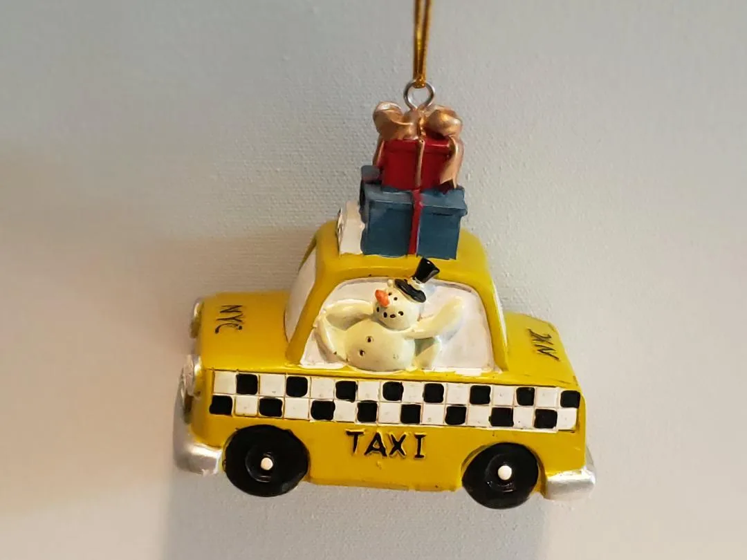 NYC Taxi Driving Santa & Snowman Christmas Ornament