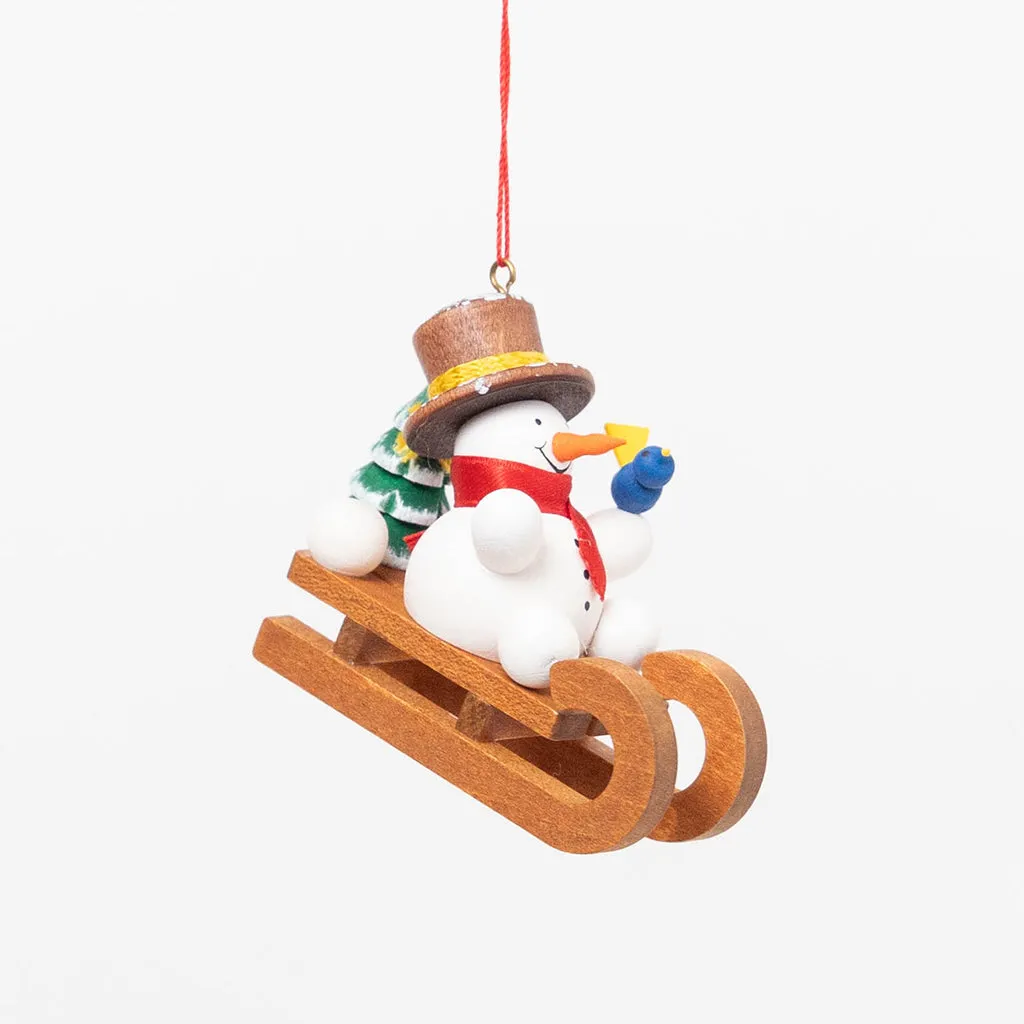 Snowman Sled Handmade German Wooden Ornament