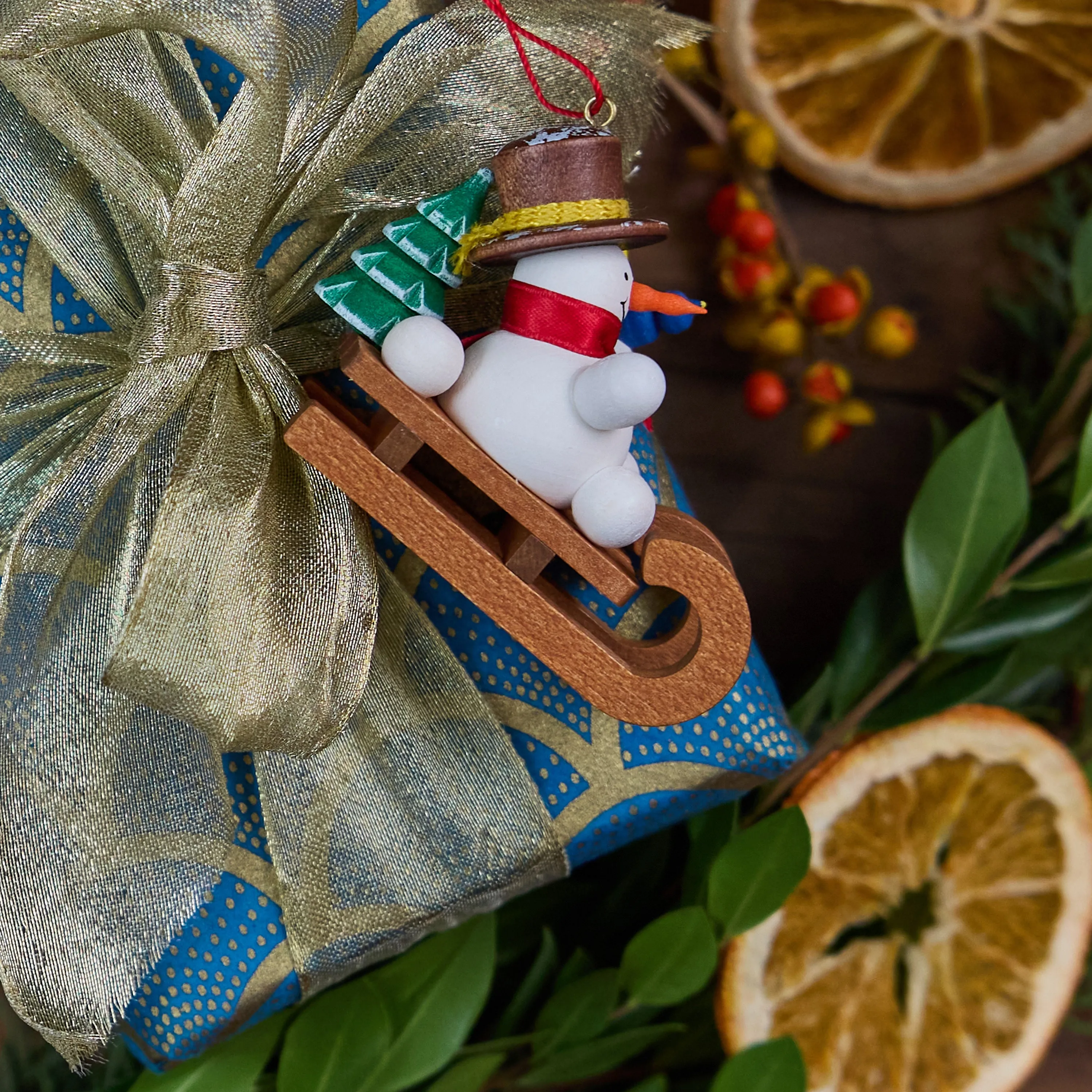 Snowman Sled Handmade German Wooden Ornament