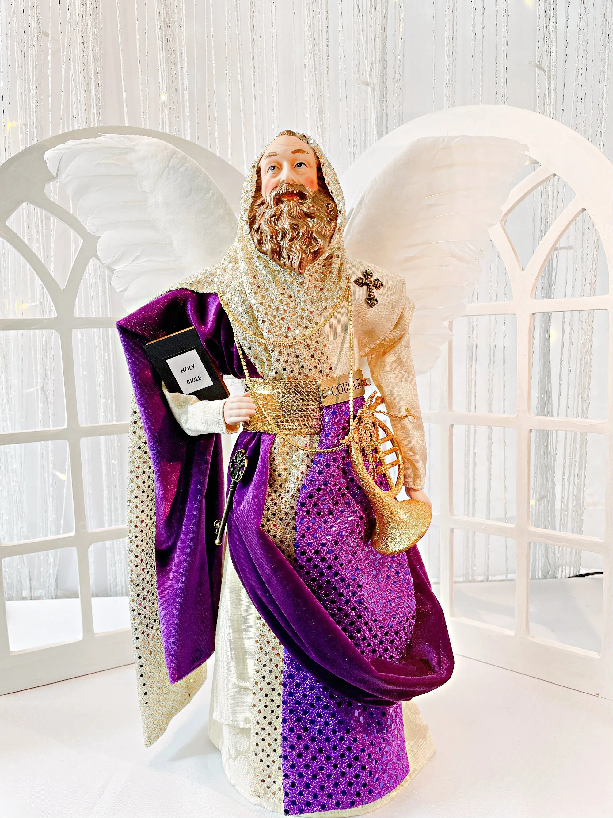 SOLD - Male Christmas Angel Treetopper Purple and Gold Man Angel COURAGE 20 Inches Tall Mantle Home or Office Decoration