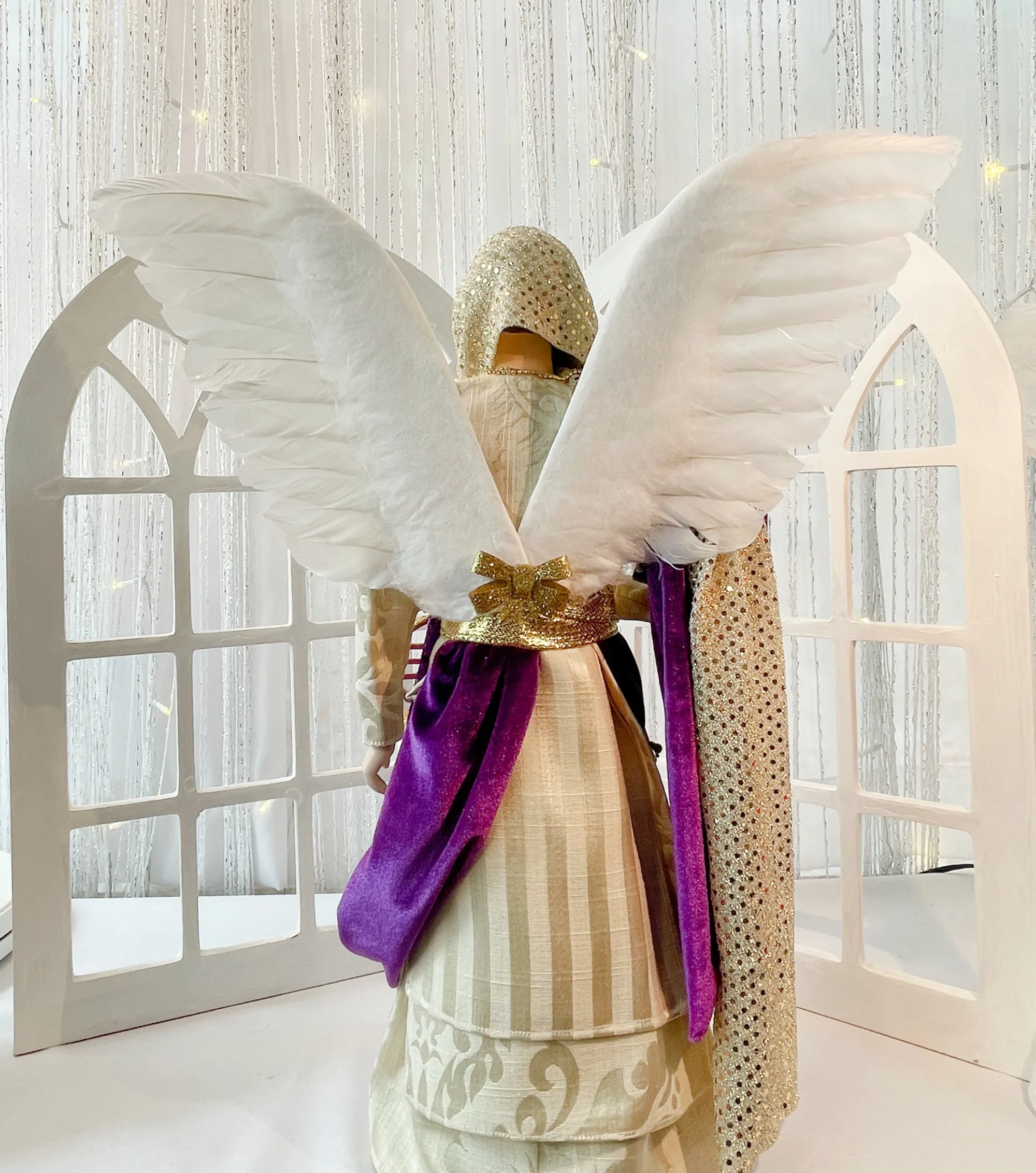 SOLD - Male Christmas Angel Treetopper Purple and Gold Man Angel COURAGE 20 Inches Tall Mantle Home or Office Decoration