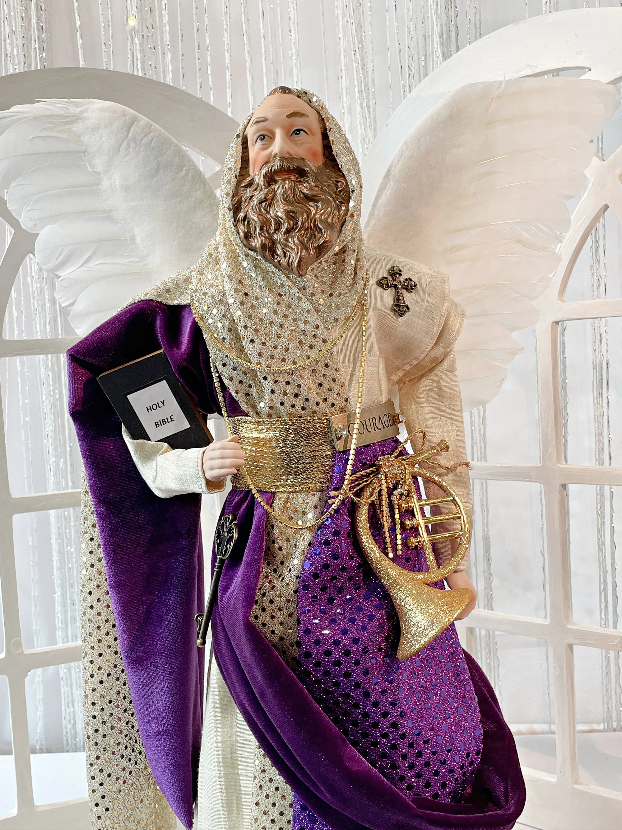 SOLD - Male Christmas Angel Treetopper Purple and Gold Man Angel COURAGE 20 Inches Tall Mantle Home or Office Decoration