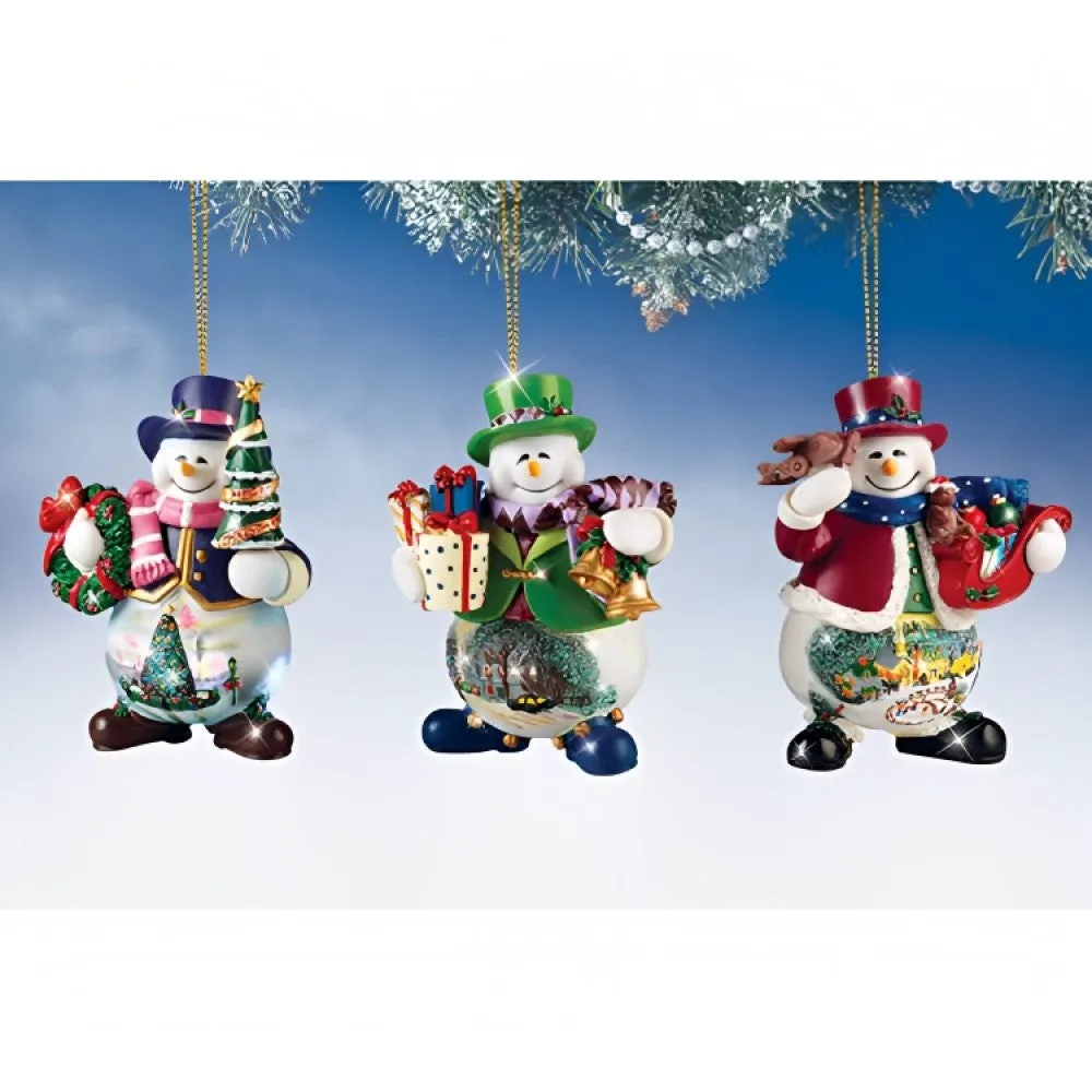 The Ashton-Drake Galleries Memories of Christmas Snowman Ornament Collection Issue #15 Set of 3 Christmas Decoration by Thomas Kinkade 4-inches