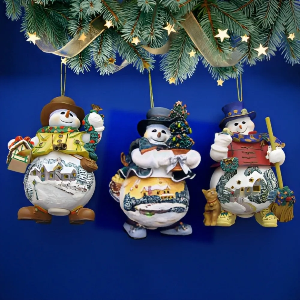 The Ashton-Drake Galleries Memories of Christmas Snowman Ornament Collection Issue #6 Set of 3 Christmas Decoration by Thomas Kinkade 4-inches