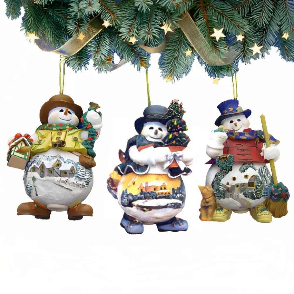 The Ashton-Drake Galleries Memories of Christmas Snowman Ornament Collection Issue #6 Set of 3 Christmas Decoration by Thomas Kinkade 4-inches