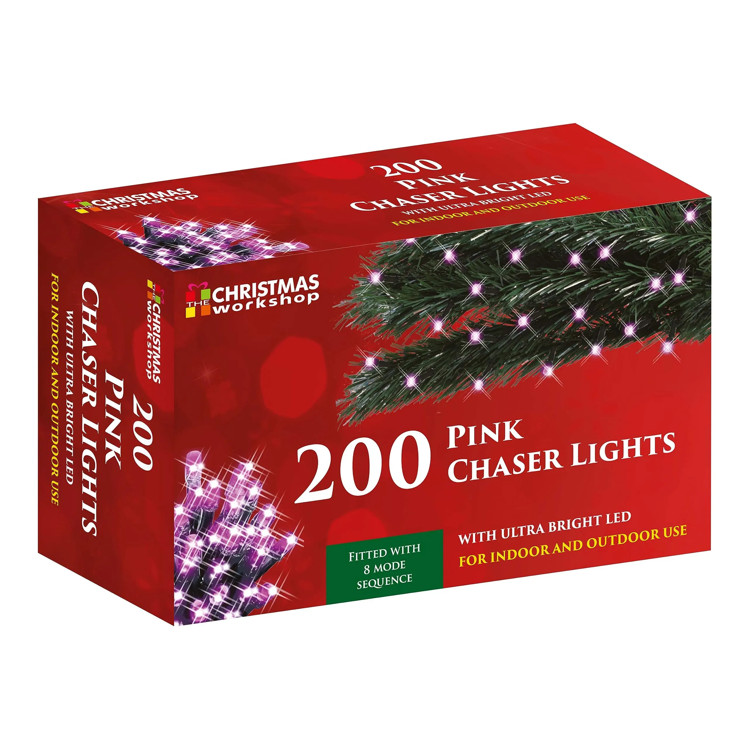 The Christmas Workshop 75070 200 Pink LED Chaser Christmas Lights / Indoor or Outdoor Fairy Lights / 13.9 Metres / 8 Light Modes / Great For Christmas, Weddings & Gardens