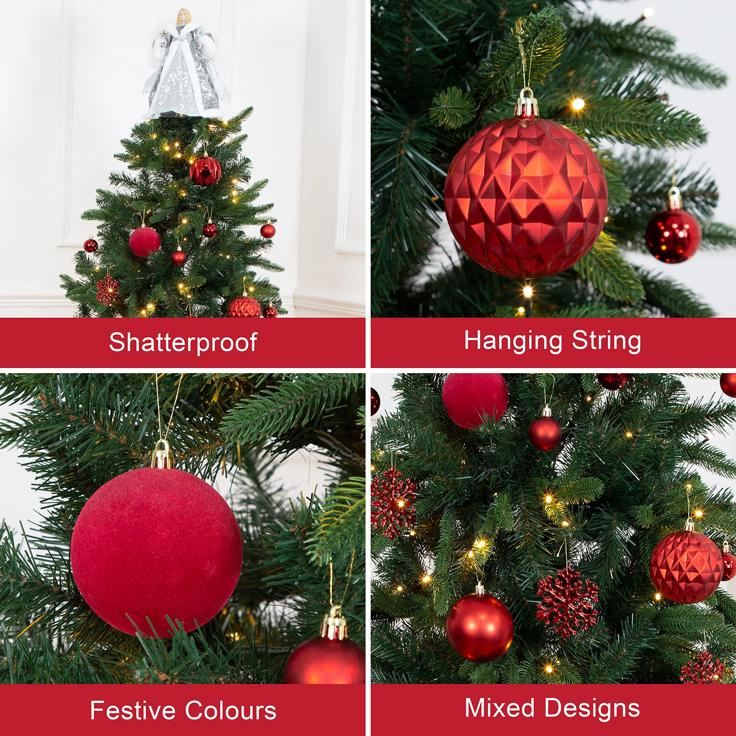 The Christmas Workshop Set of 50 Shatterproof Textured Baubles/Elegant Festive Designs/Christmas Tree Decorations with Hanging String/Various Sizes and Styles (Red)