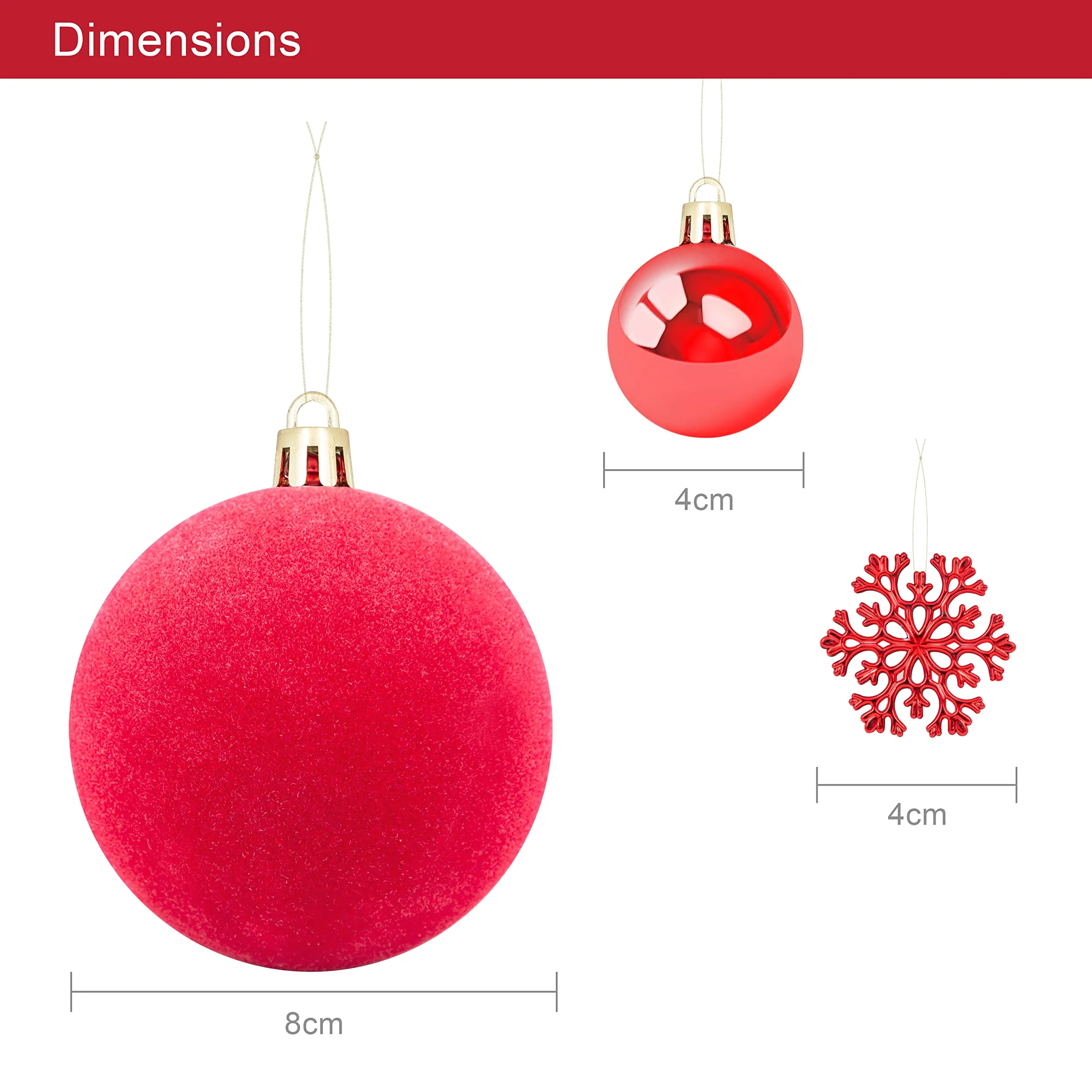 The Christmas Workshop Set of 50 Shatterproof Textured Baubles/Elegant Festive Designs/Christmas Tree Decorations with Hanging String/Various Sizes and Styles (Red)